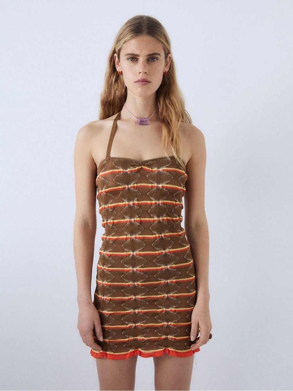 Gimaguas Brown Knit Halter Mini Dress with Orange Trim
